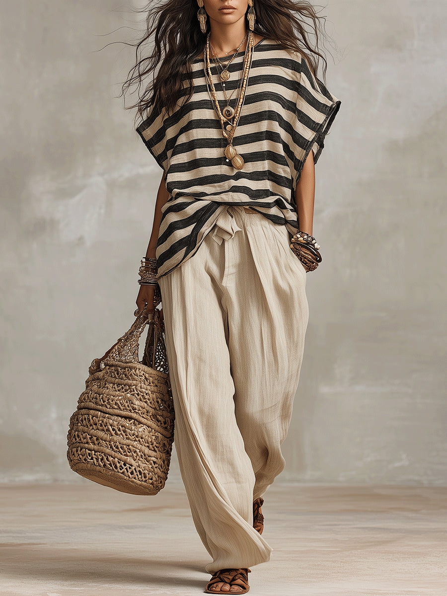 Ensemble Léonie — Haut Rayé et Pantalon Beige