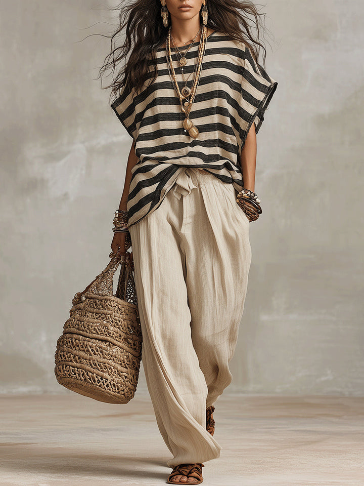 Ensemble Léonie — Haut Rayé et Pantalon Beige